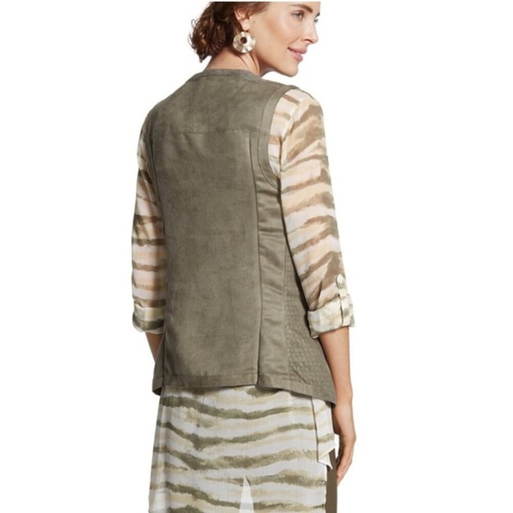Chico's Size 3 (XL/16) Perforated Drape Faux Suede Vest Laser Cut Olive Green - Picture 2 of 5